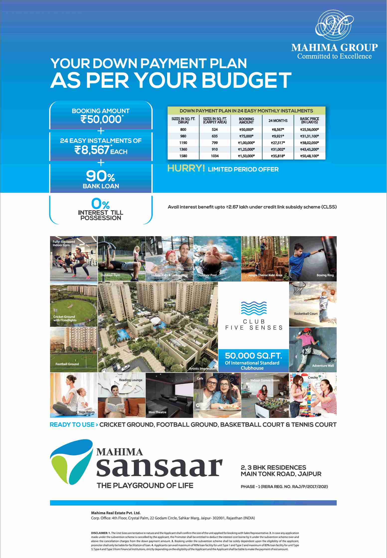 Down payment plan as per your budget at Mahima Sansaar in Jaipur
